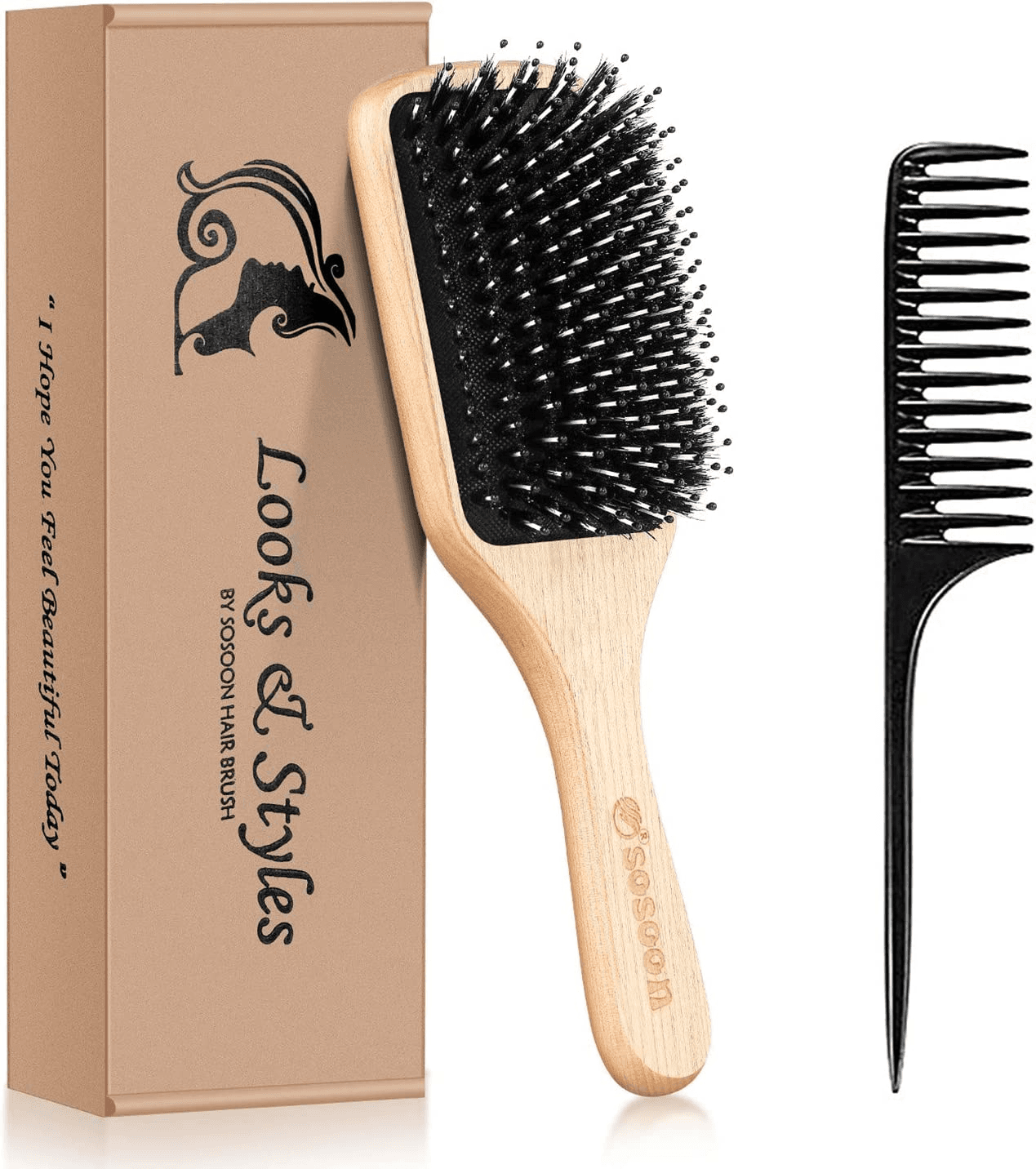 Hair Brush|  Boar Bristle Paddle Hairbrush for Long Thick Curly Wavy Dry or Dama