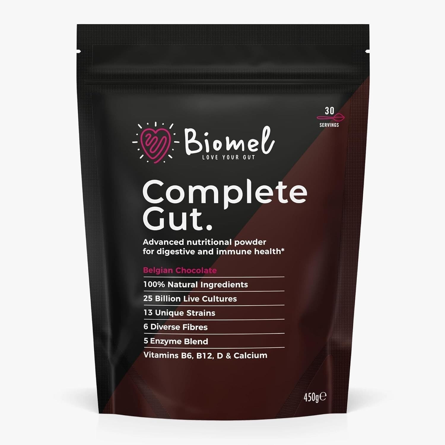 Biomel Complete Gut Powder Belgian Chocolate Flavour 450g 30 Servings Delicious