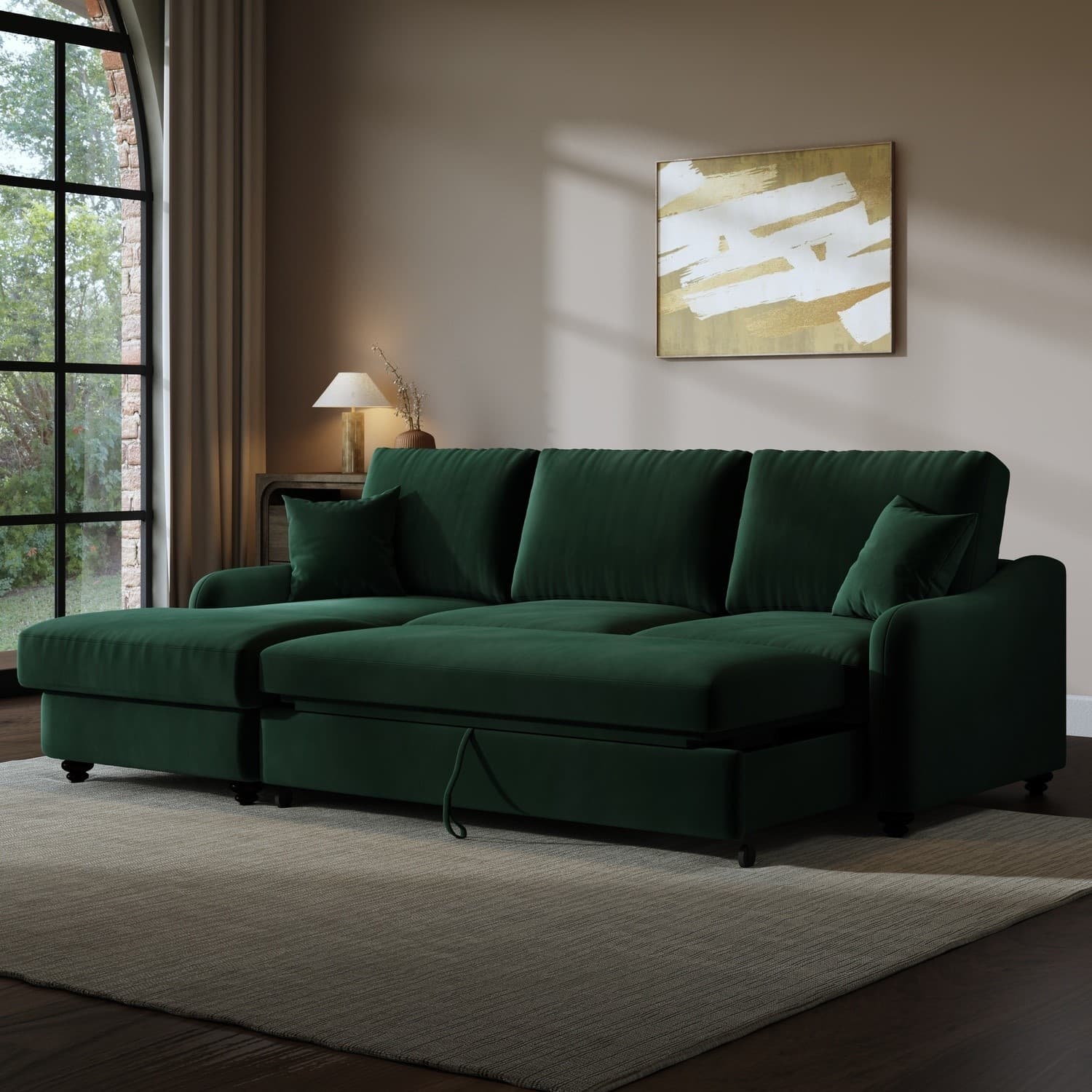 4 Seater Pull-Out Chaise Corner Sofa Bed with Storage in Dark Green Velve QNN004