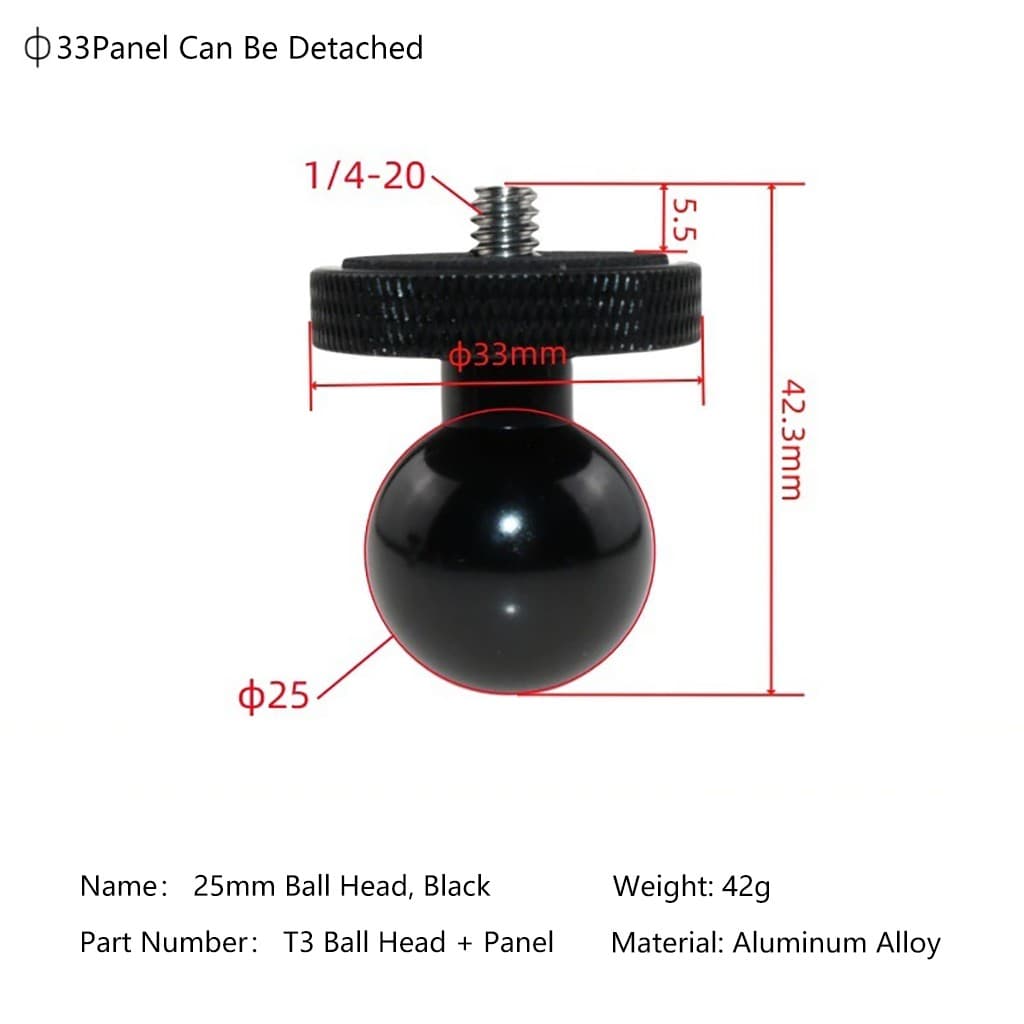 T3 Series 25mm Ball Head| Stainless Thread Options (Short/Long/with Nut Kit)