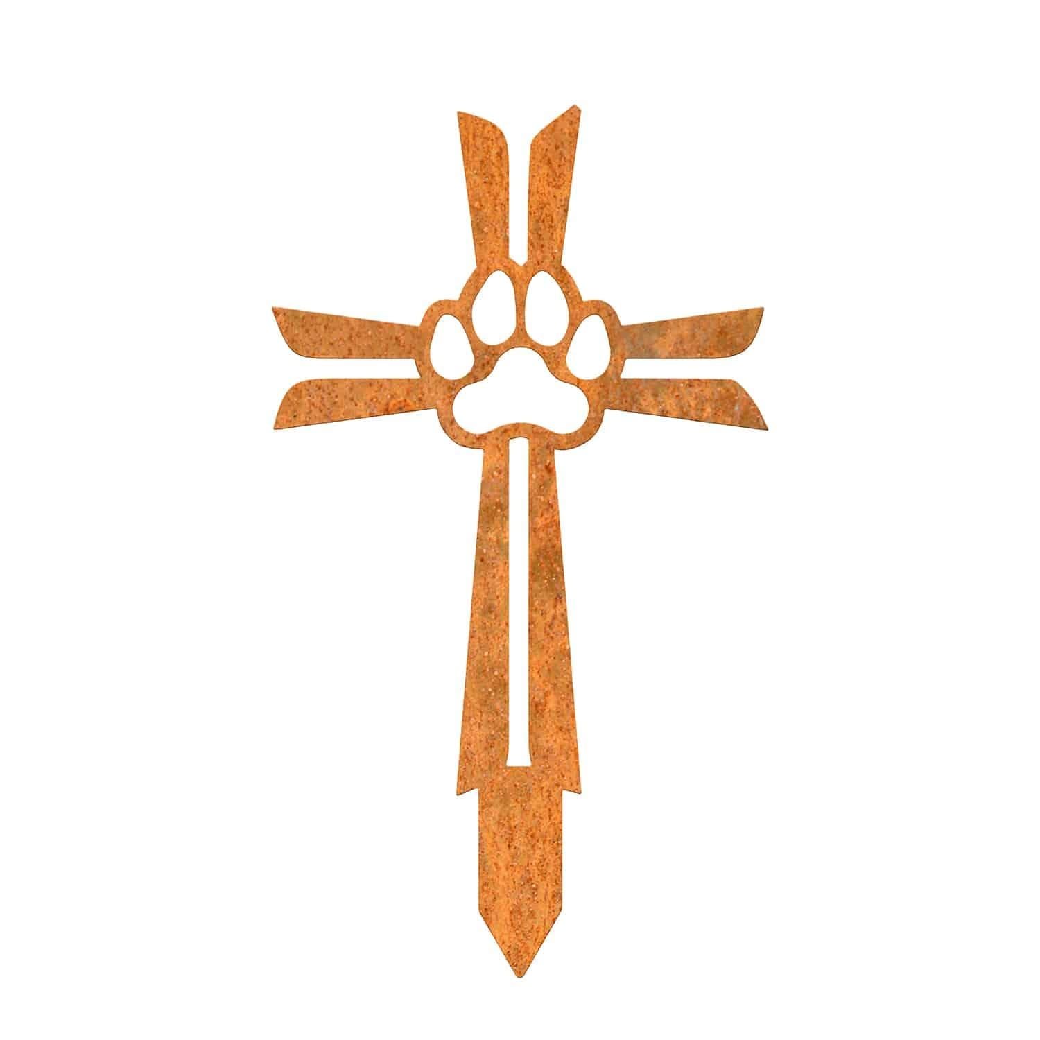 Contemporary Paw Print on Cross Grave Marker Ground Spike in Rustic Finish view 2
