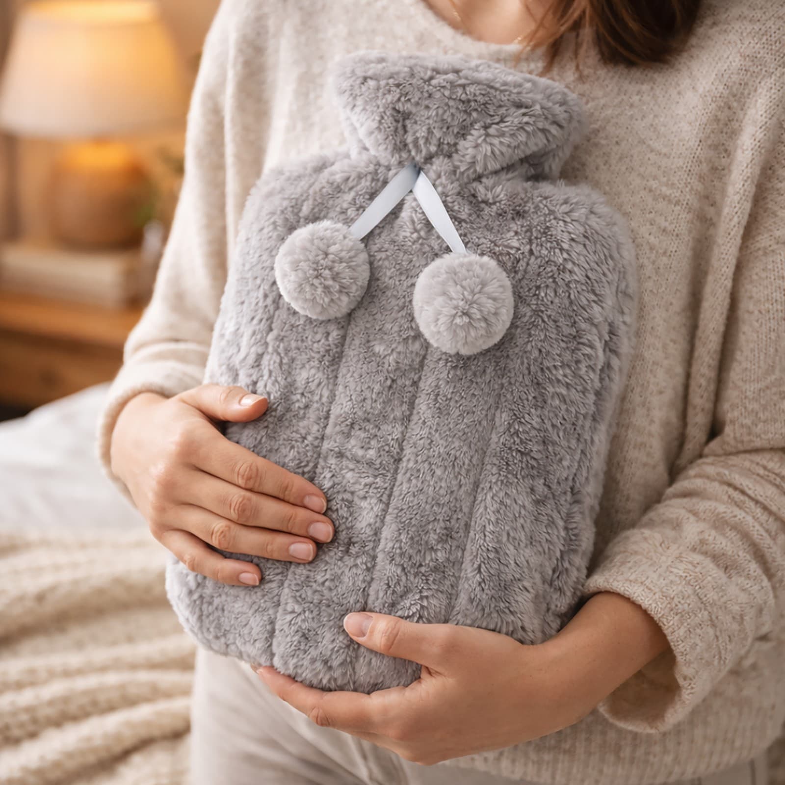 Fur Hot Water Bottle 2L Natural Rubber Grey Faux Sort Cover Luxury Warmer Gift