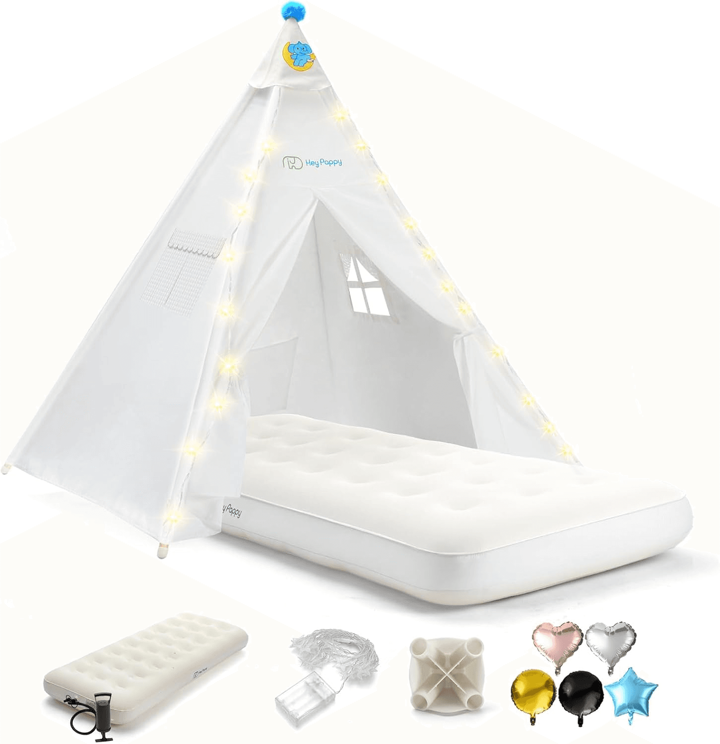 Teepee Tent for Kids with Inflatable Airbed| String Lights| Balloons| Pump| Wash