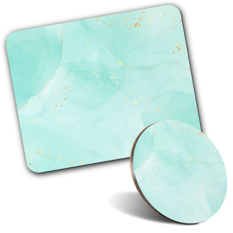 1 Mouse Mat and 1 Round Coaster Pastel Mint Liquid Marble Watercolour #53127