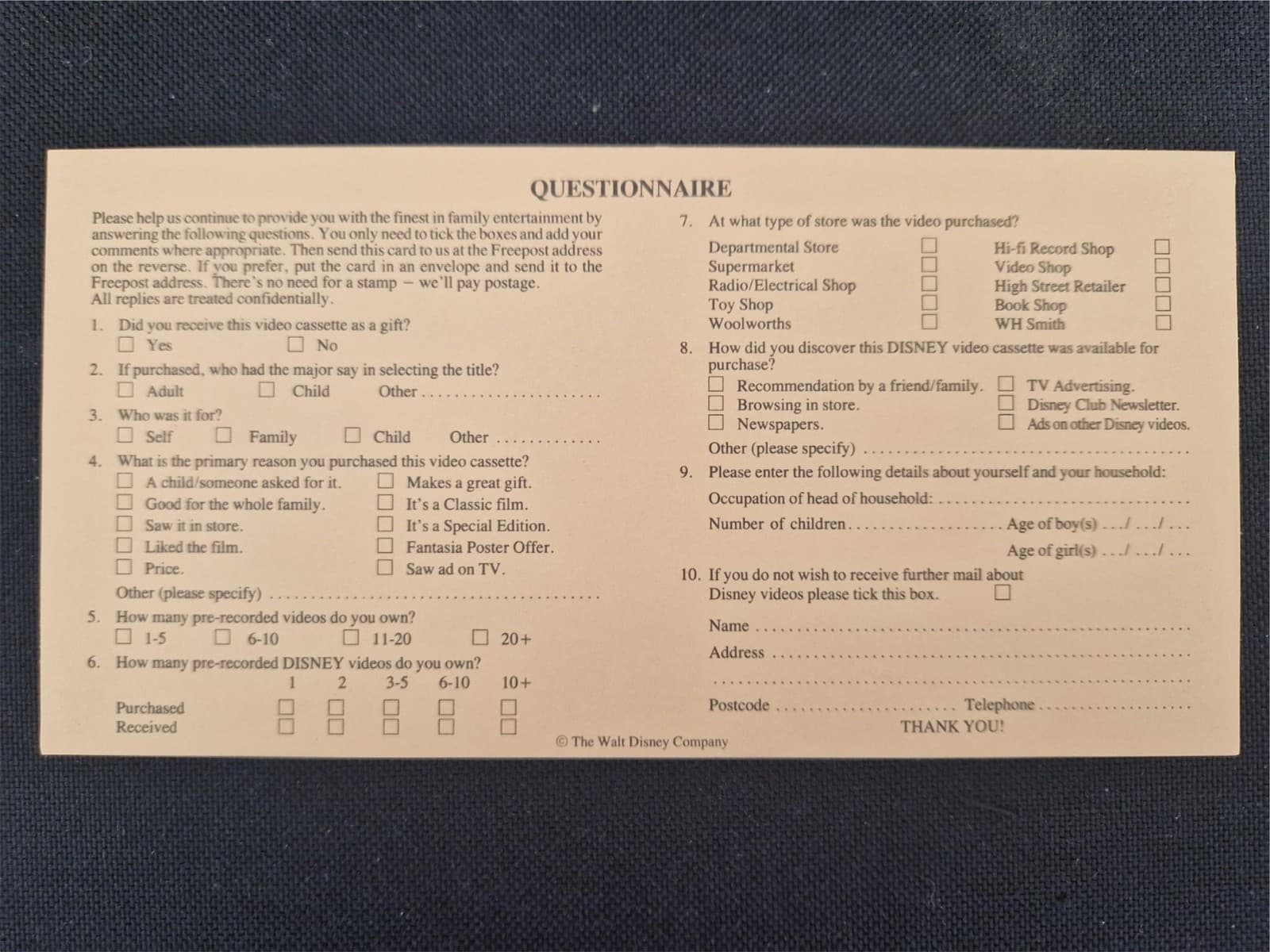Walt Disney Home Video| Unused Questionnaire| Orange Card #W999