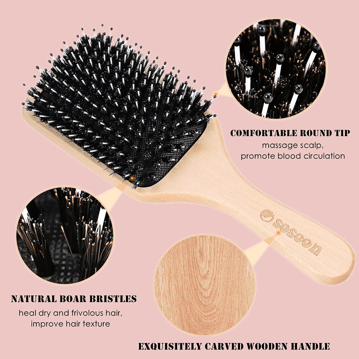 Hair Brush|  Boar Bristle Paddle Hairbrush for Long Thick Curly Wavy Dry or Dama view 2