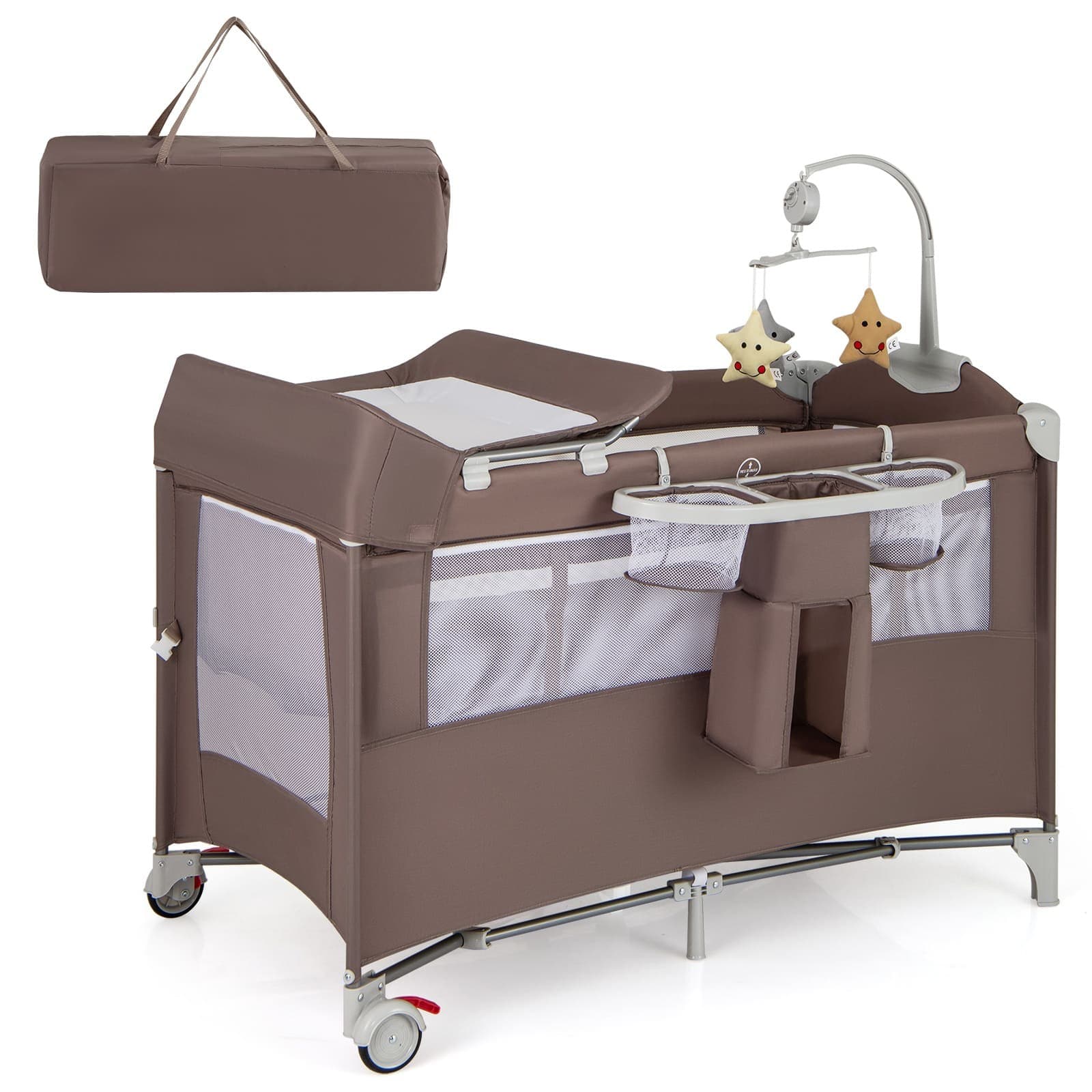 5-in-1 Portable Pack and Play Foldable Baby Nursery Center w/Diaper Changing Brown