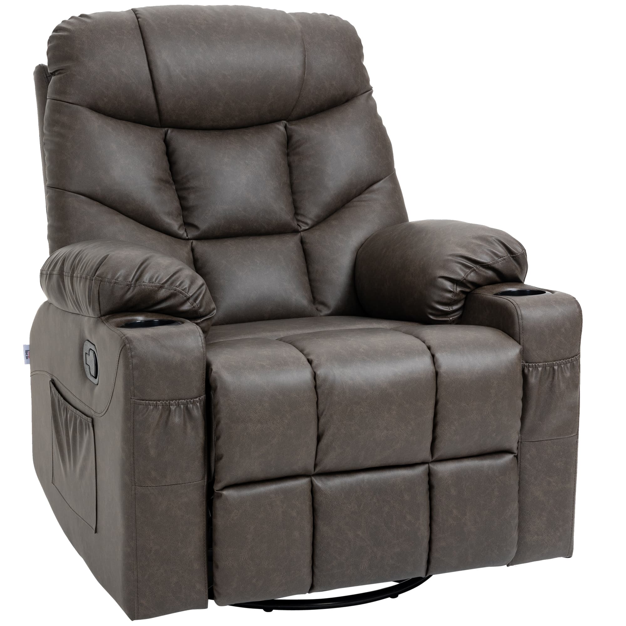 HOMCOM Single Leather Reclining Chair, Manual Recliner Armchair with Faux Leather, Footrest, Cup Holders, 86x93x102cm, Brown   Aosom UK