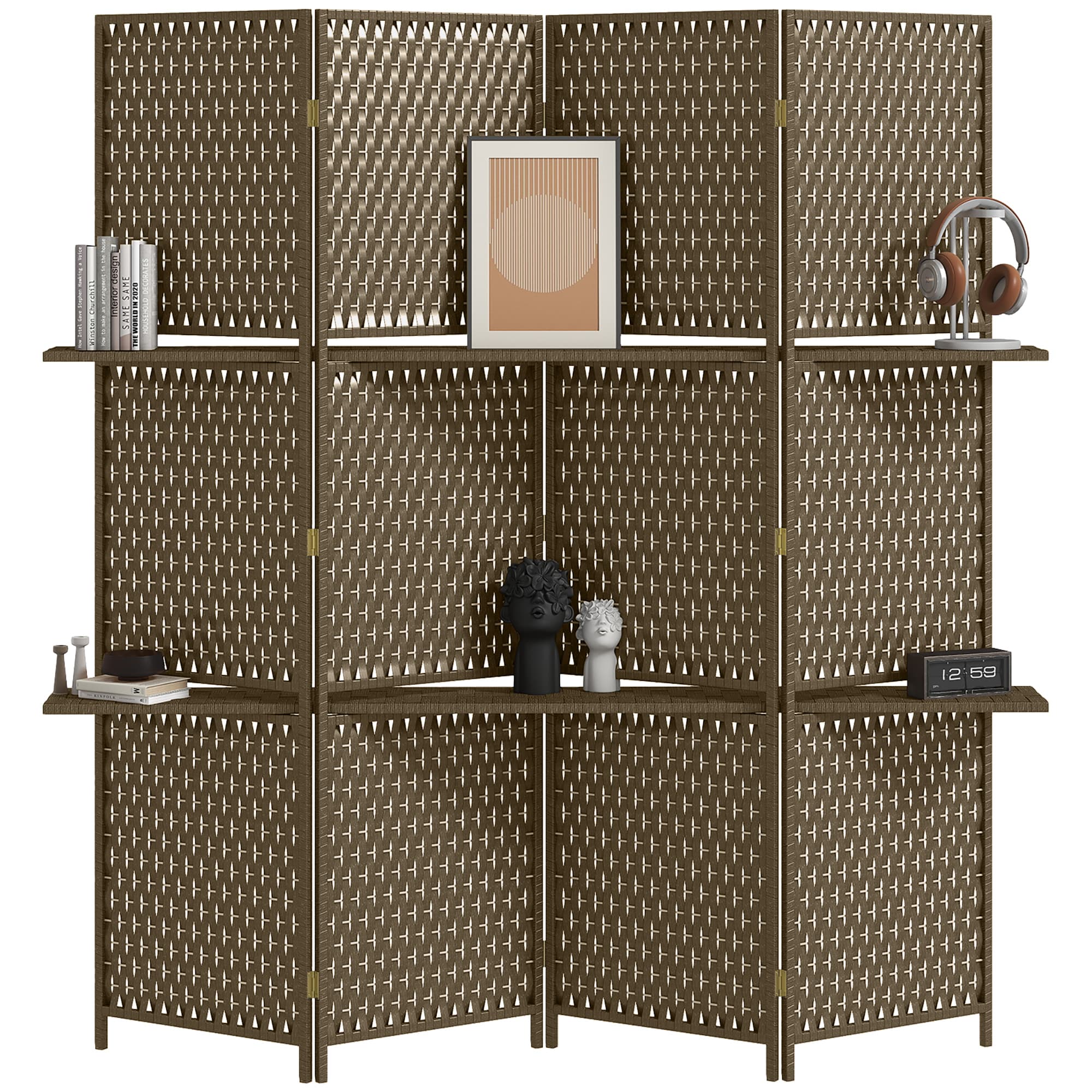 HOMCOM 4-Panel Room Dividers with Shelves, Wave Fibre Freestanding Folding Privacy Screen Panels, Partition Wall Divider Brown | Aosom UK