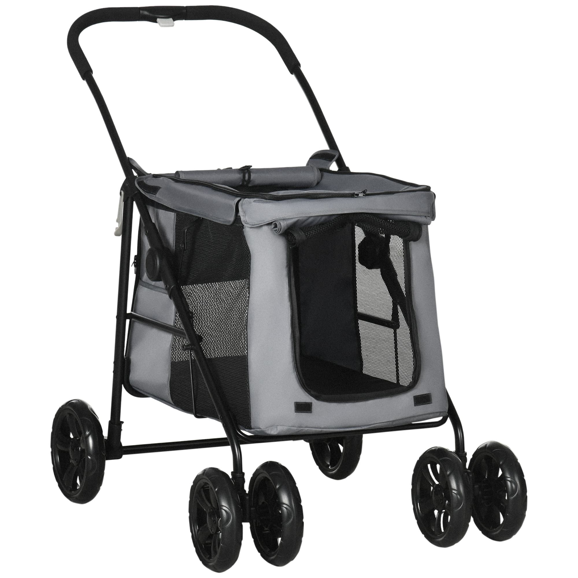 Pawhut Dog Stroller Foldable Dog Pushchair with EVA Wheels Pet Pram with Rolling Door, Safety Leashes for Small & Medium Dogs, Grey   Aosom UK