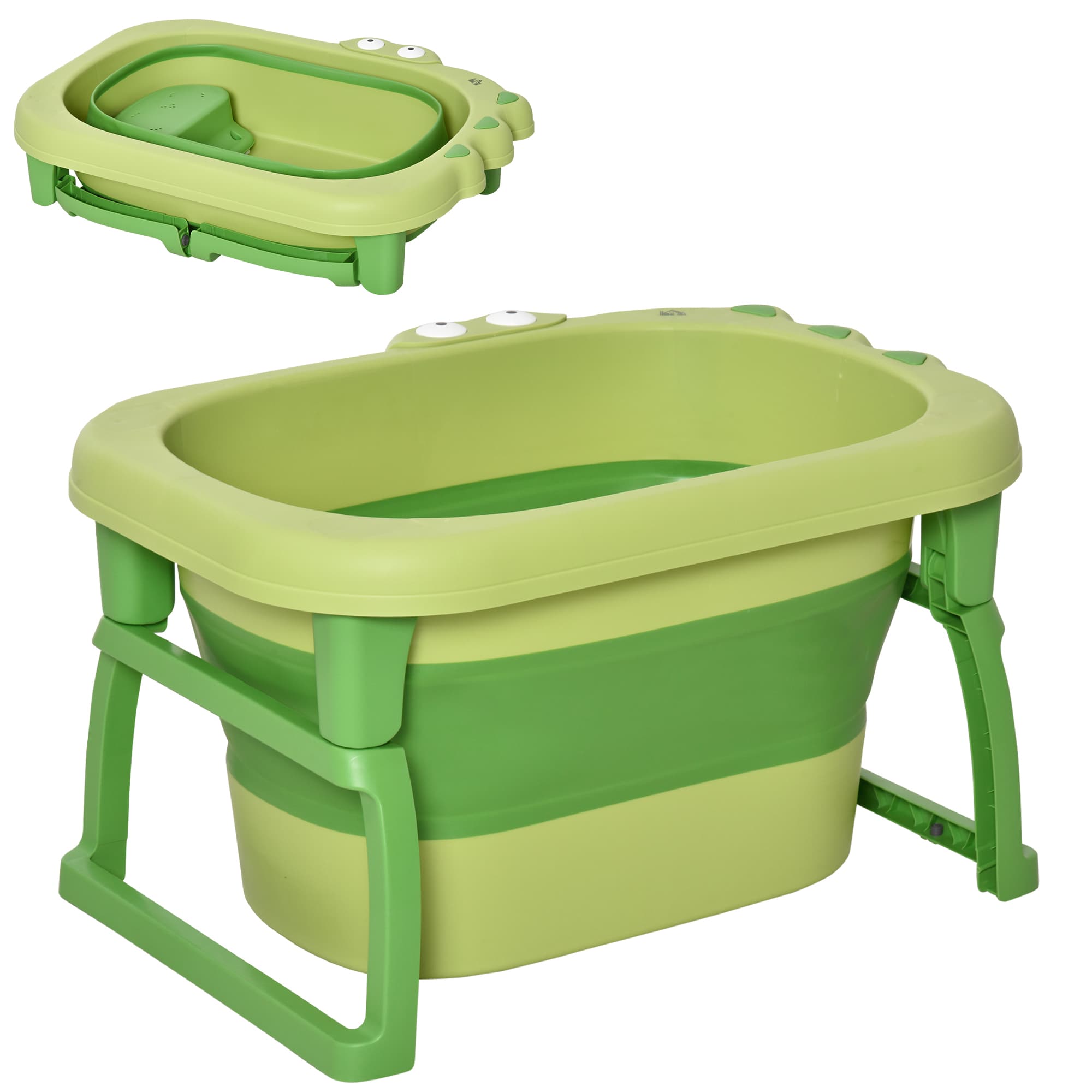 HOMCOM Baby Bath Tub for Newborns to Toddlers, Collapsible Non-Slip Portable Bath with Stool Seat for Infants, Crocodile Shape, Green | Aosom UK