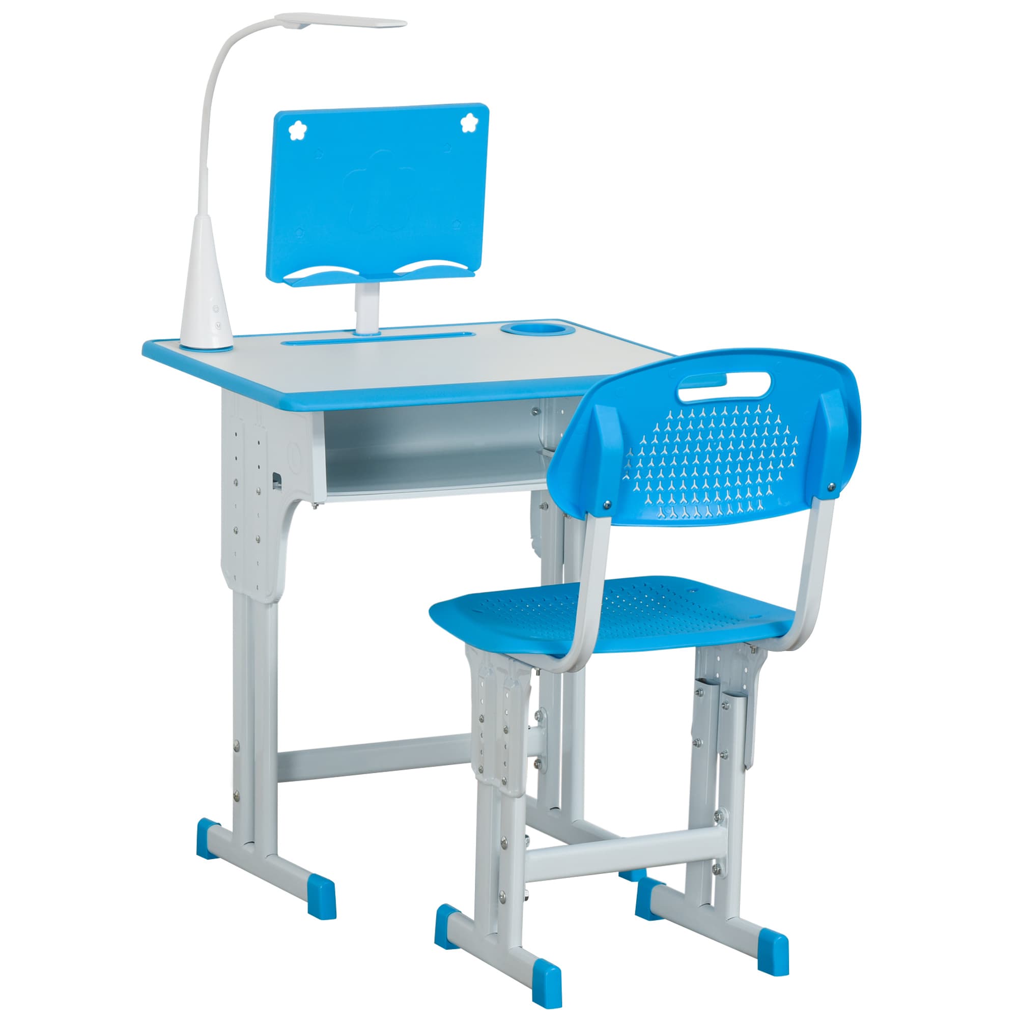 HOMCOM Kids Desk and Chair Set Adjustable Height Study Table Set with Drawer, Book Stand, Pen Slot - Blue