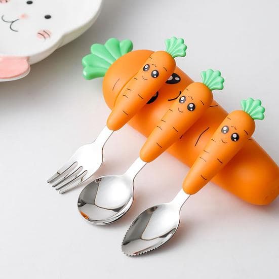 Children Cutlery Cartoon Fork Head Passivation Mirror Reflection Carrot Shape Spoon Fork for Kids cm