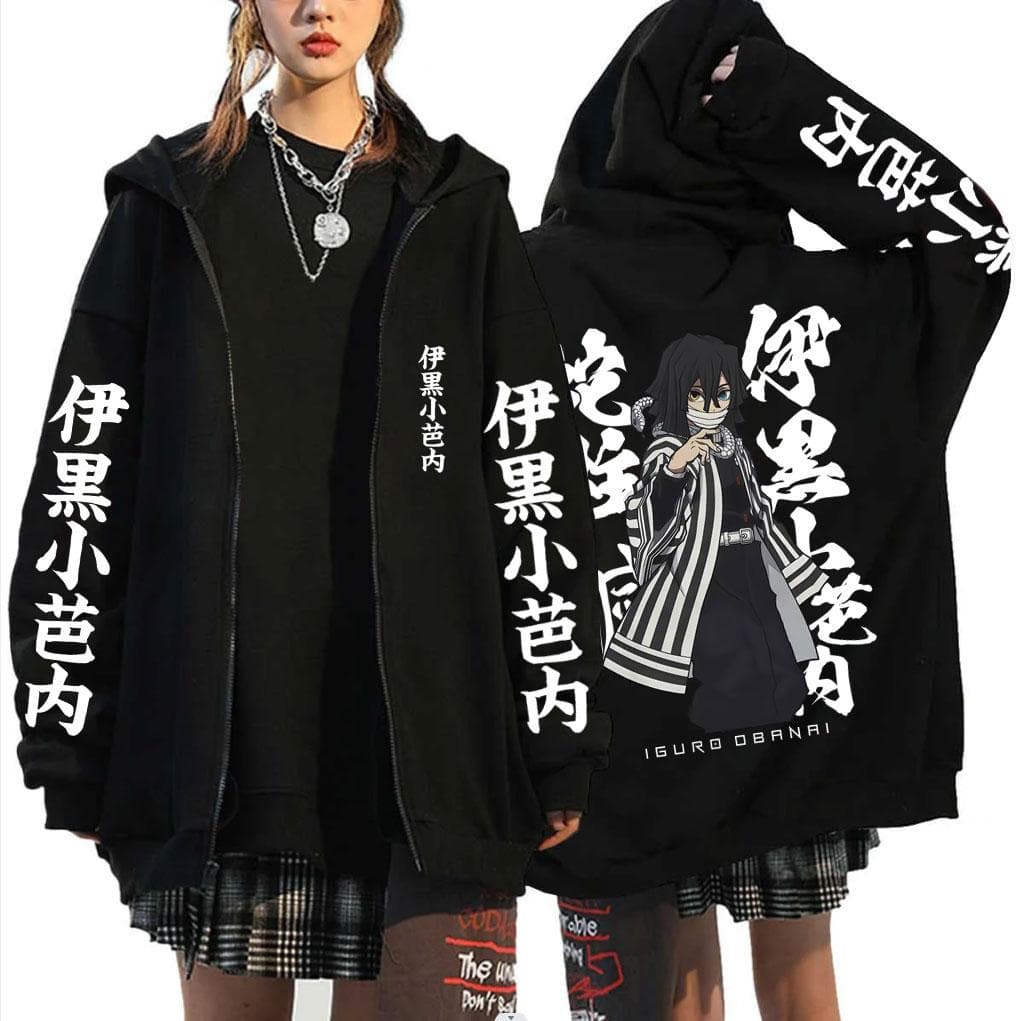 Anime Demon Slayer Serpent Hashira Iguro Obanai Zipper Hoodie Men Women Clothing Casual Long Sleeve Oversized Zip Up Jacket Coat cm black