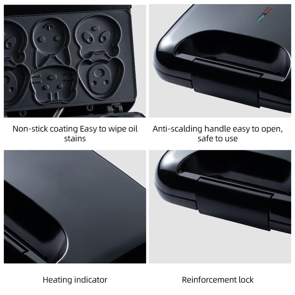 Animal Mini Waffle Maker Make 6 Different Cat Dog Shaped Pancakes Electric Non-stick Waffler Iron black