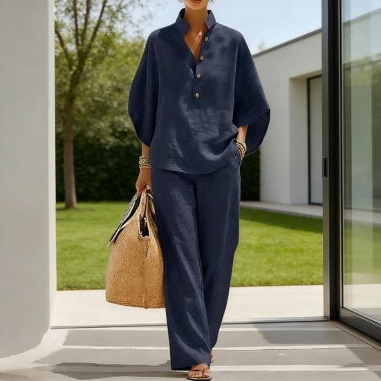 Women's Batwing Sleeve Linen Two-Piece Set Casual Shirt And Wide Leg Pants Outfit Summer Vacation Lounge Sets cm khaki