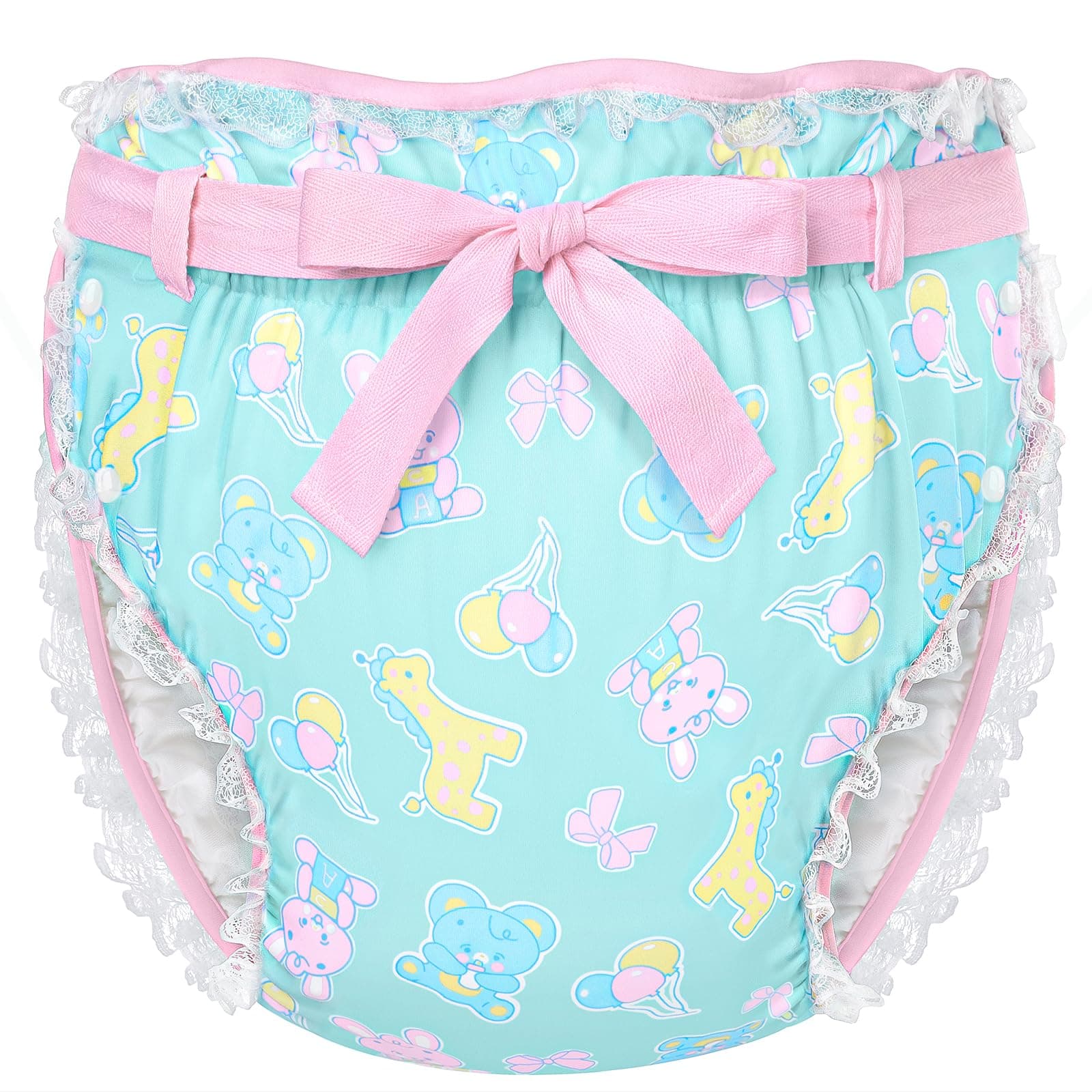 LittleForBig Adult Silky Diaper Cover Print with Lace and Adjustable Size L [Amusement Park] All-over Bow, Waist, 3-Layer Breathable, Waterproof,