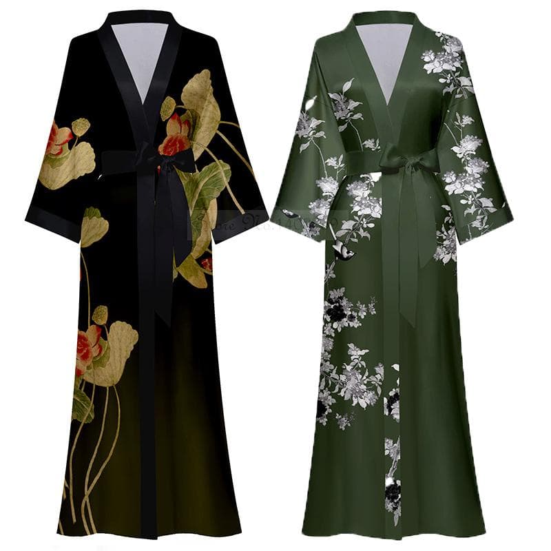 New Spring Summer Female Long Robe Nightgown Sexy Print Flower Kimono Bathrobe Gown Casual Silk Satin Home Dress Lounge Wear cm