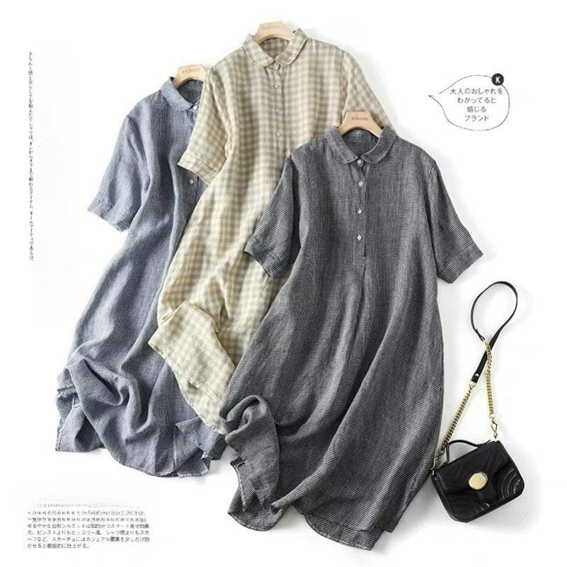 Japanese Linen Plaid Dress Retro All-match Casual Large Hem Loose Women's Long Skirt cm beige