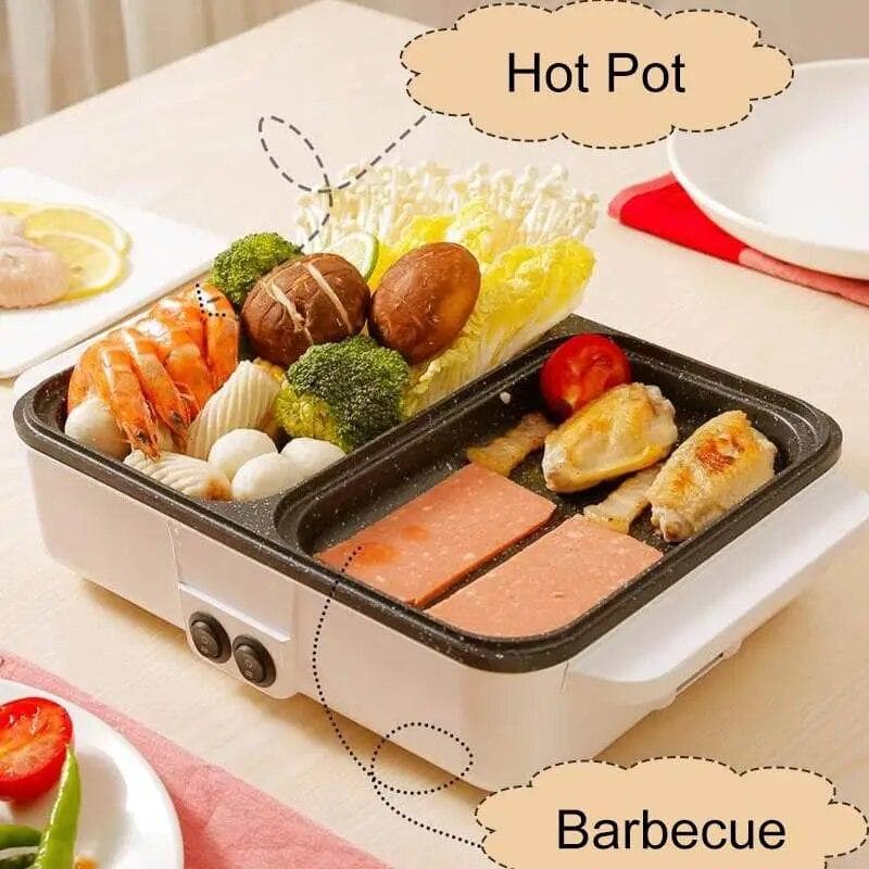 220V 2 IN 1 Electric Hot Pot Cooker BBQ Grill Multicooker Electric BBQ Grill Non Stick Plate Barbecue Pan Cooking Pot 1200W KTY pink