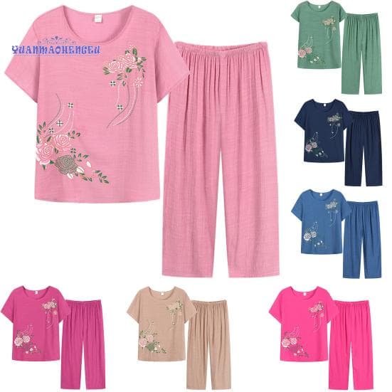 Women Clothes Summer Homewear Set Short Sleeve Floral Print T-shirt Pants Loose Two Pieces Set Outfit for Middle-aged cm light tan