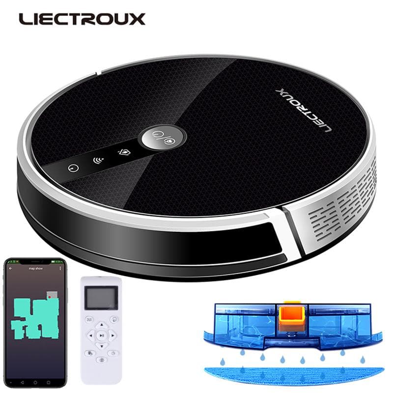 LIECTROUX C30B Robot Vacuum Cleaner AI Map Route,Memory,Super Smart Partition,WiFi App,6000Pa Suction,Electric WaterTank,Wet Mop black