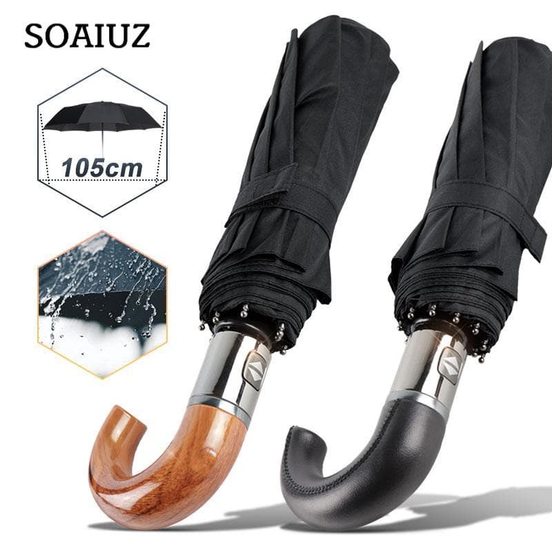 British Leather Handle Umbrella Men Automatic Business 10Ribs Strong Windproof 3 Folding Big Umbrella Rain Woman Quality Parasol