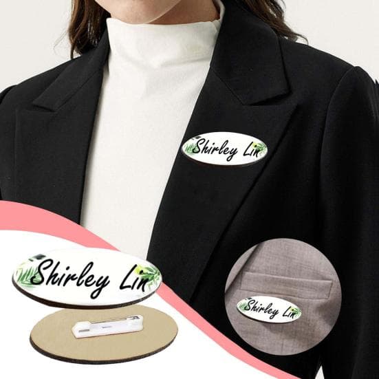 10Pcs/Set DIY Oval Name Badge with Pin Office Workers Students Employee ID Name Tag Holder Lightweight Wooden Work Clothes Brooch Pin Kit