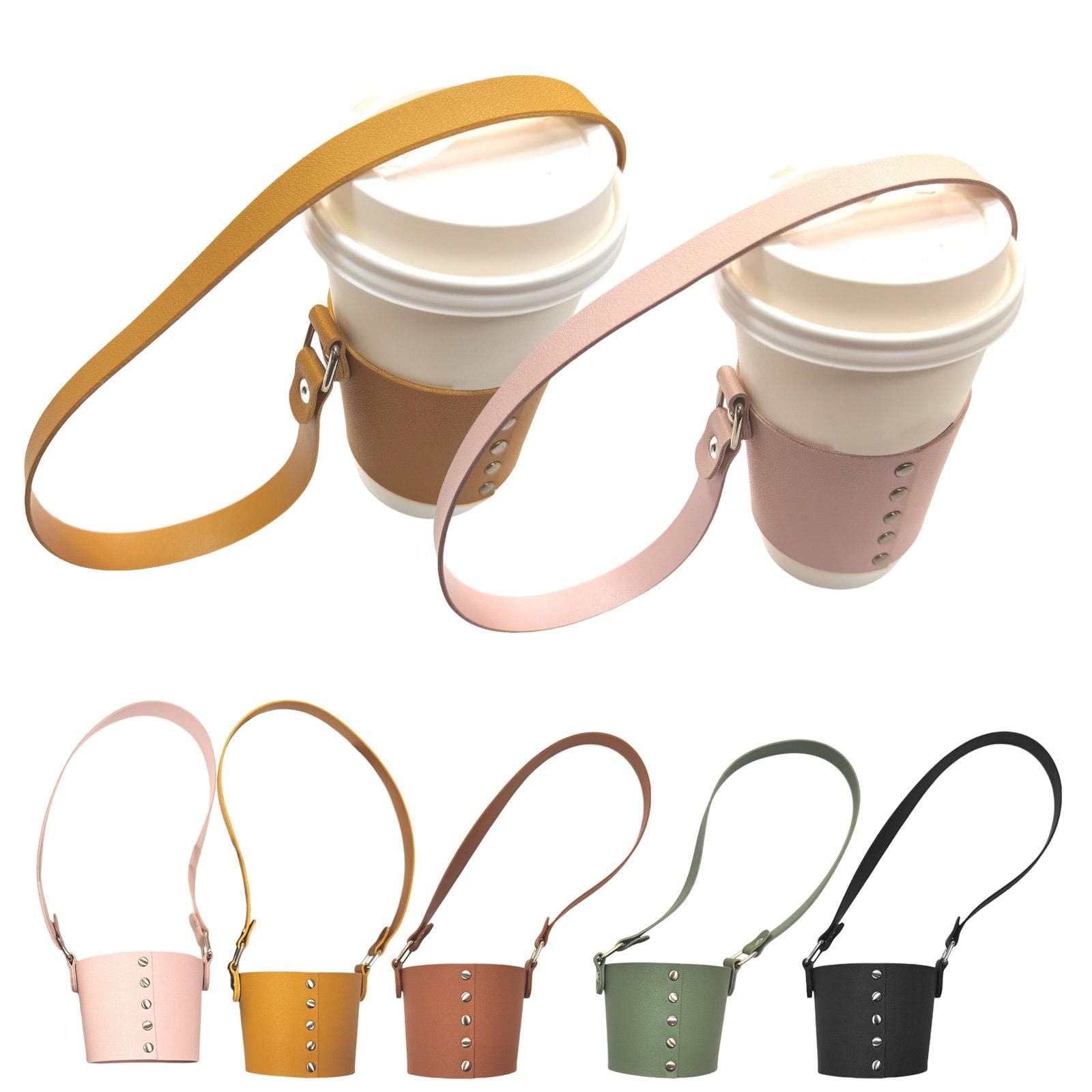 Leather Handheld Cup Sleeve Outdoor Portable Cup Carrying Holder Drink Carrier Coffee Holder with Handle Easy to Carry green