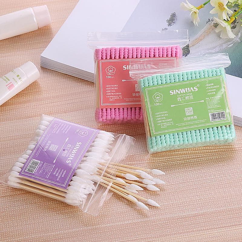 100Pcs Pack Double Head Cotton Swab Women Makeup Cotton Buds Tip For Medical Wood Sticks Nose Ears Cleaning Health Care Tools green