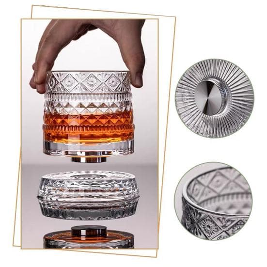 Whiskey Glass with Light-Up Base 360 Degrees Spinning Whiskey Tumbler 260ml Lead-Free Glass Unique Gift for Dad Birthday Holiday