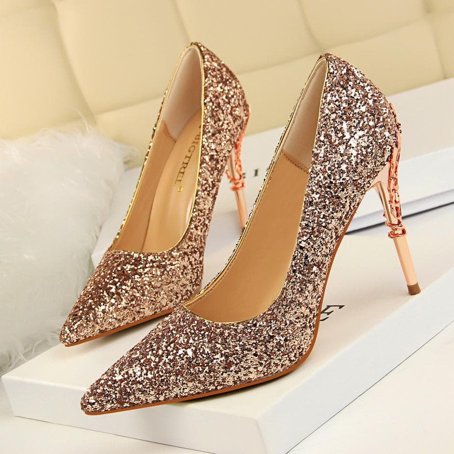 BIGTREE Women's Fashion Sexy Metal Heel Thin Heel High Heel Shallow Mouth Pointed Sequin Shoes cm red