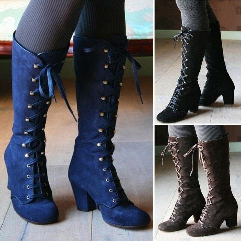 Cloth007Round Toe Block Heel Boots Women Lace Up Mid Calf Boots Gothic Vintage Style Boots cm brown