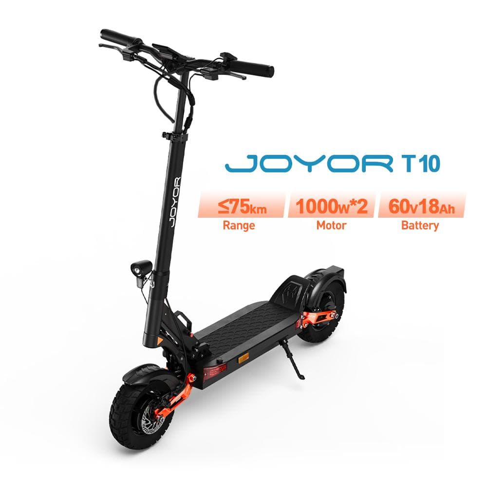 JOYOR T10 Adult Electric Scooter: 1000W dual motors, 60V 18Ah battery, range 30-75 km, aluminum alloy frame, hydraulic brakes, 10-inch off-road tires.