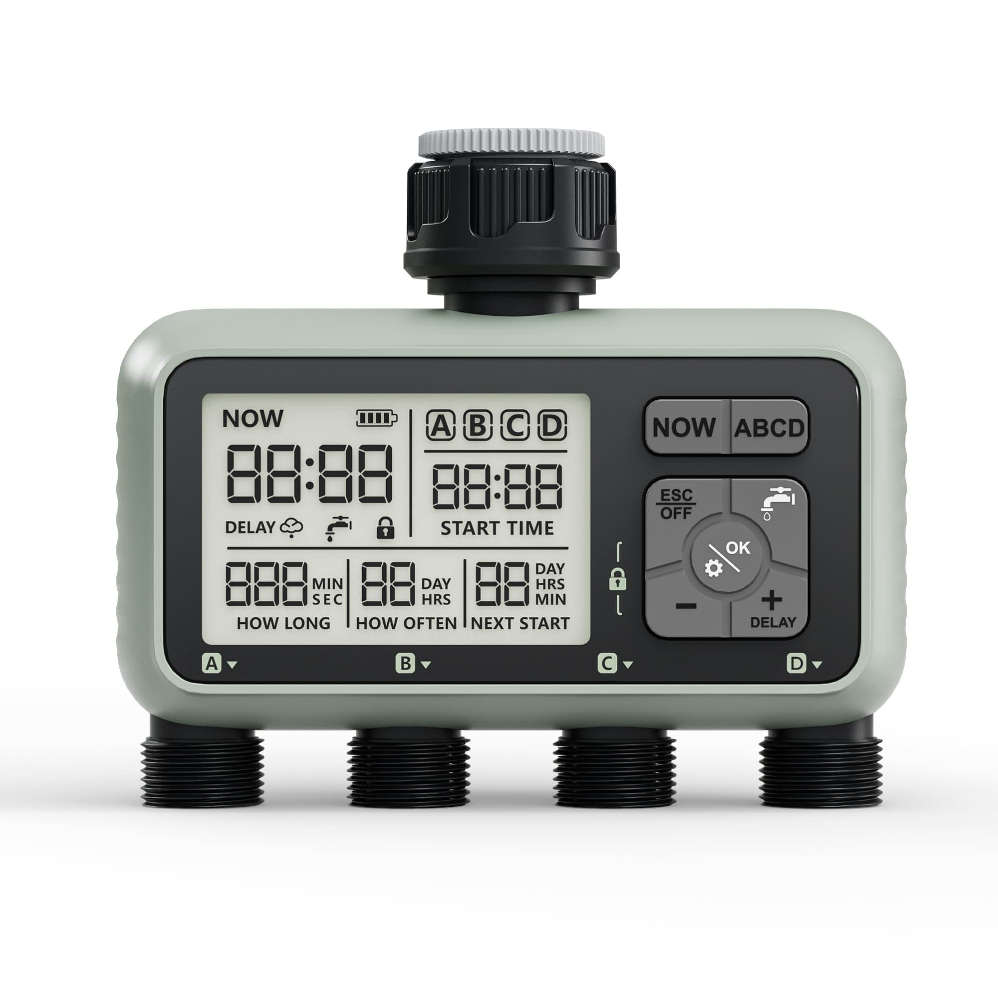 Diivoo Water Timer 4 Outlet for Garden Hose,Programmable Automatic Irrigation Timer with Rain Delay and Manual/Auto Mode Watering for Lawn,Yard,Pool g