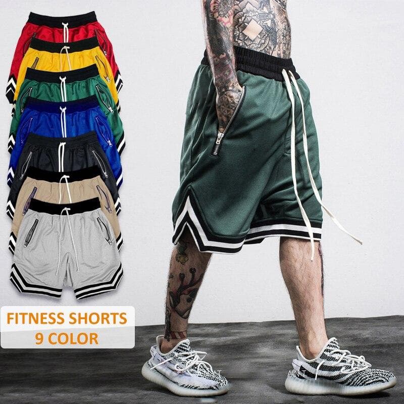 Men's Casual Shorts with Zippers Pocket Polyester Quick-Dry Sporting Shorts Joggers Bodybuilding Knee Length Pants cm