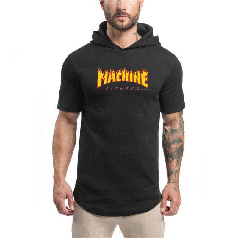Muscleguys Bodybuilding Hoodies Gyms Hooded Short Sleeve T-shirt Men Fitness Clothing Muscle Shirts Cotton Pullover Sweatshirt cm black