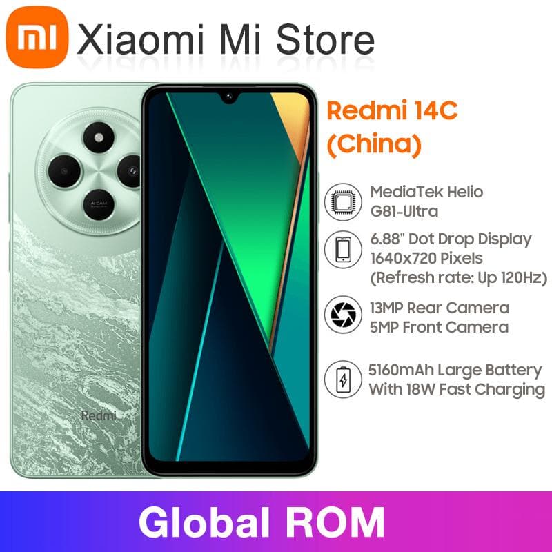 Global Rom Xiaomi Redmi 14C Smartphone 6.88  LCD Display 13MP Camera MediaTek Helio G81-Ultra Octa Core 5160mAh Battery 18W Fast Charging green
