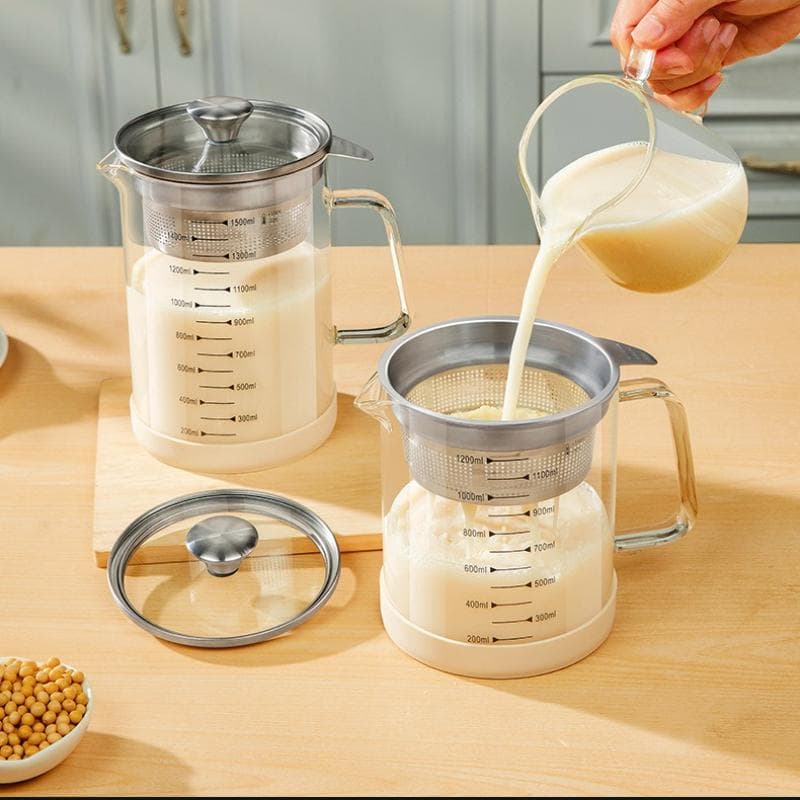 1/1.5L Glass Oil Filter Pot Soy Milk Yogurt Strainer Glass Container Food Strainer with Scale