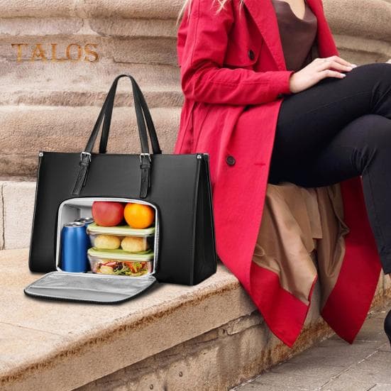 Laptop Tote Bag with Insulated Lunch Compartment 15.6 Inch Work Purse Waterproof Faux Leather Handbag for Business Picnic Office 2-in-1 Leak-proof bla