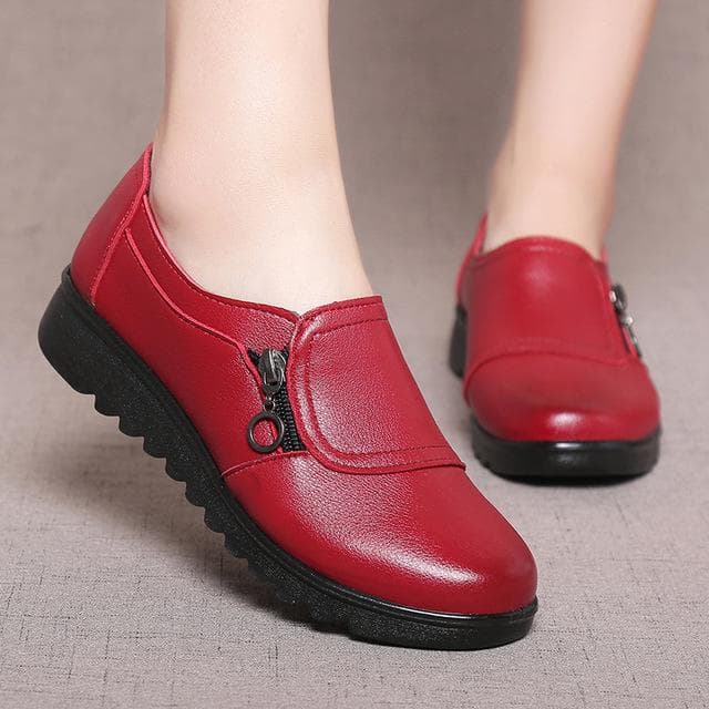 Fashion Soft Leather Round Head Women Casual Flats Ladies Side Zipper Flat Shoes Mother Single Shoe cm black