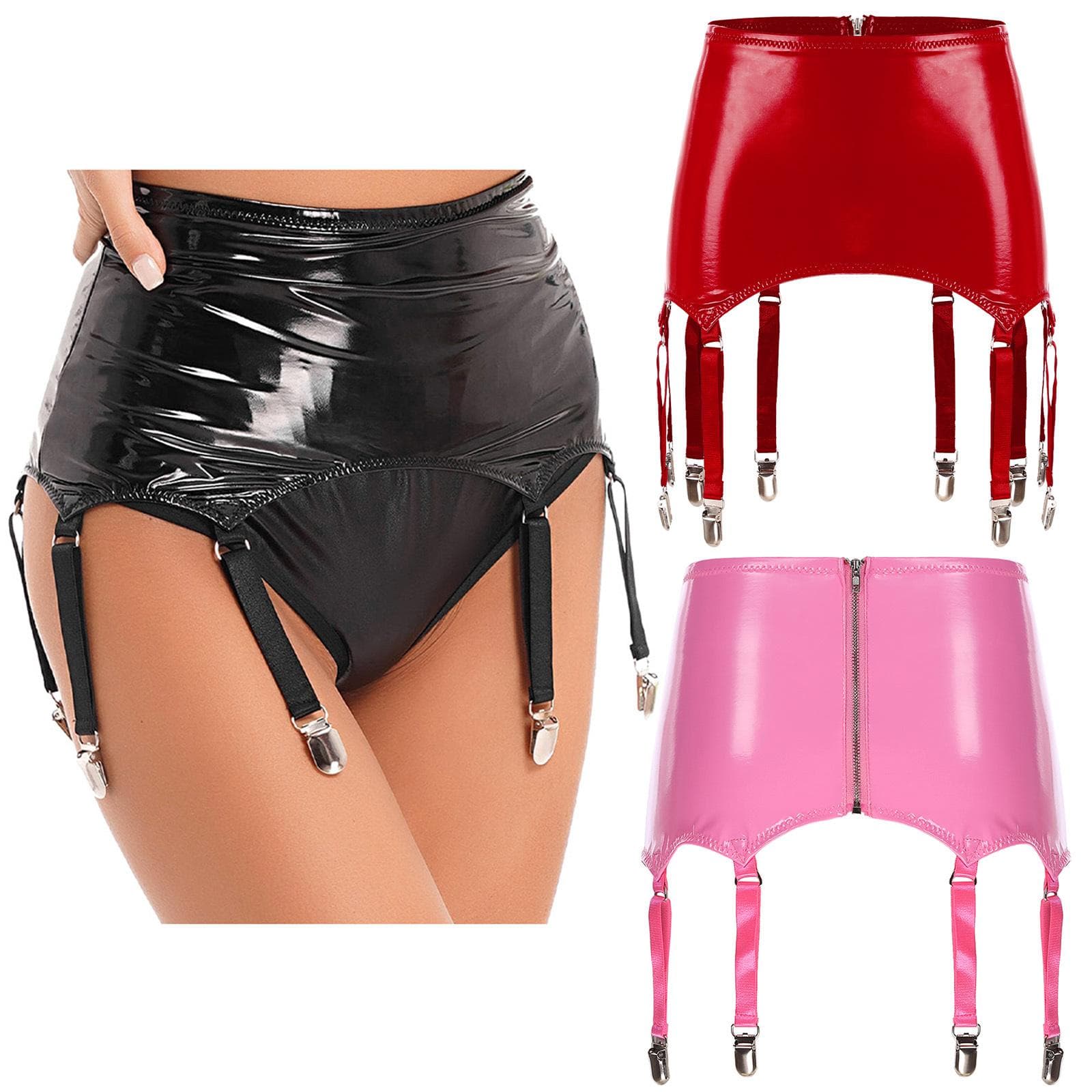 Women's Patent Leather Garter Belt Suspender Belt with Metal Clip Club Stage Performance Costume red