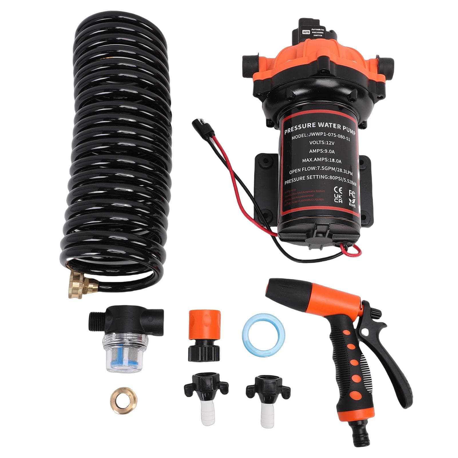 Deck Wash Pump Kit 7.5 GPM 80 PSI Built in Filter Boat Washdown Pump Kit for RV Spray Travel Trailers