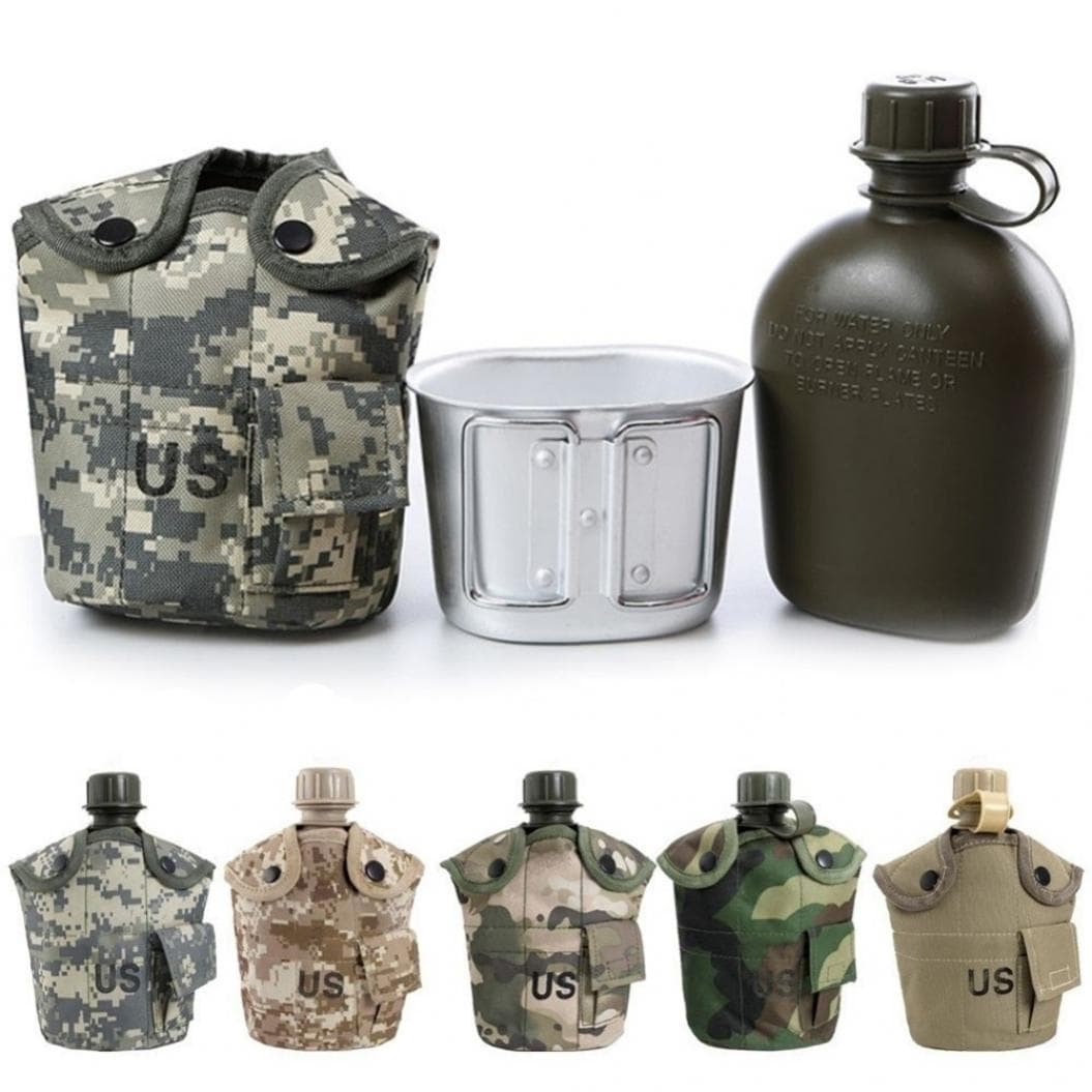 1L Army Military Water Bottle Camping Hiking Canteen Cup Portable for Outdoor army green