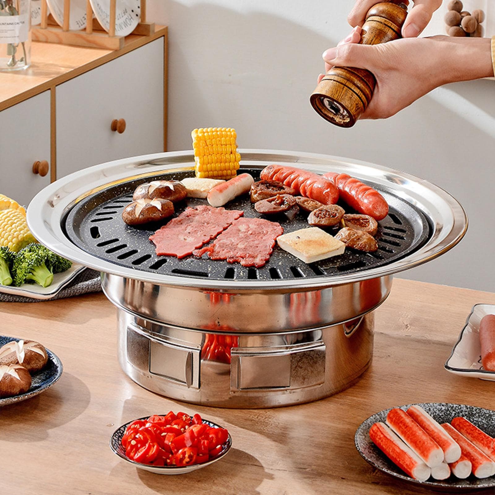 13 Inch Korean BBQ Grill Multifunctional Charcoal Barbecue Grill Round Camping Grill Stove Tabletop silver