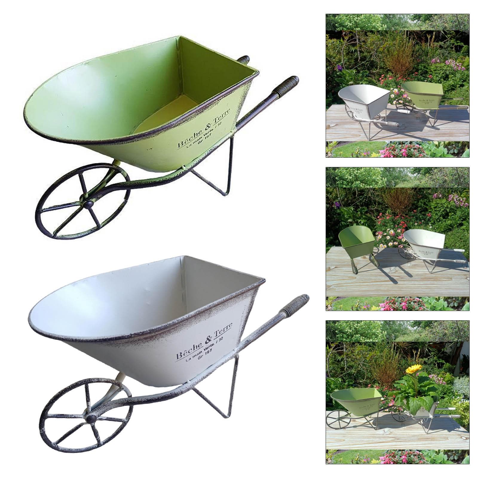 Classical Iron Art Single Wheel Cart for Garden Decors Metal Wheelbarrow Small Planter Flower Pots Plant Container Gift green