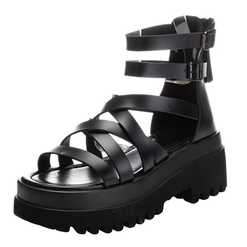fashion Genuine Leather Roman Sandals Women Summer Gladiator Shoes Woman high top sandals Platform Sandals zipper Casual Beach Shoes cm black