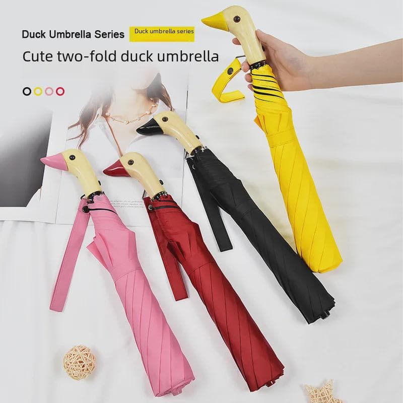 Cartoon Duck Umbrella: Semi-Automatic, Multi-Color, Black Plastic, Wooden Handle, Cute Yellow Duck Design cm