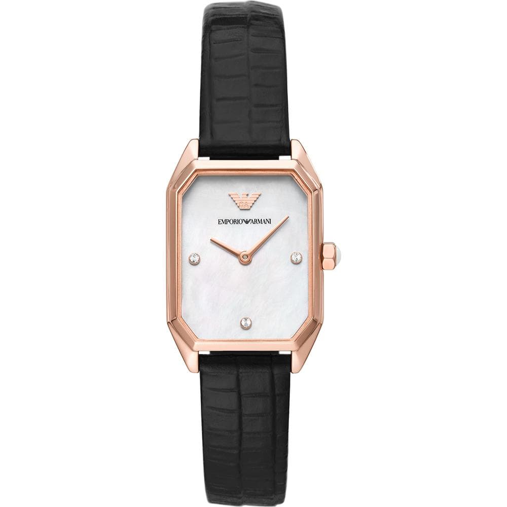 Emporio Armani Gioia Mother of pearl Black Leather Ladies Quartz Watch AR11390 mother of pearl
