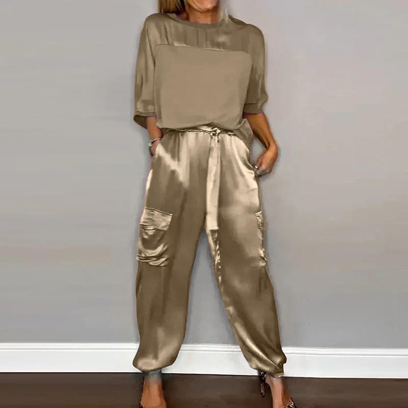 Women's Smooth Satin Short Sleeved Pants Two Piece Set Spring O Neck Lace Up Outfits Summer Sleek Elegance Leisure Suit cm black
